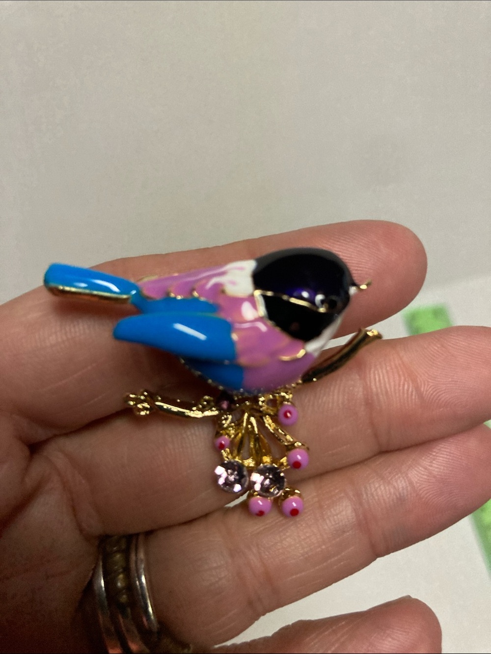Enamel Blue & Pink Bird Brooch with Gold Accents